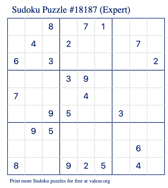 Free Printable Expert Sudoku Puzzle number 18187