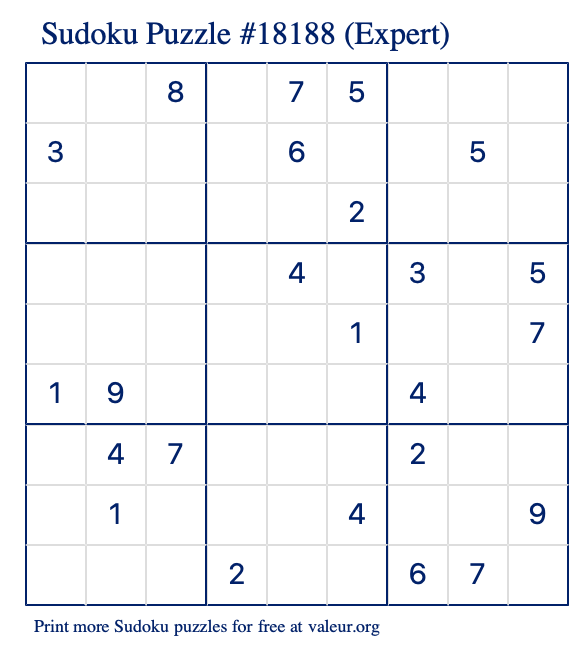 Free Printable Expert Sudoku Puzzle number 18188