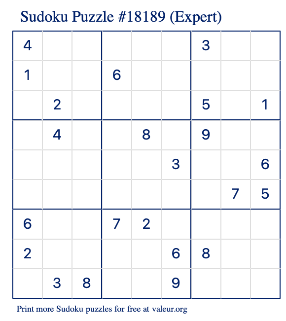 Free Printable Expert Sudoku Puzzle number 18189