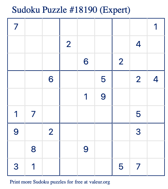 Free Printable Expert Sudoku Puzzle number 18190