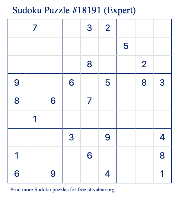 Free Printable Expert Sudoku Puzzle number 18191