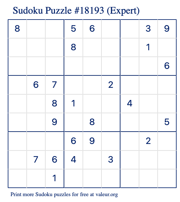 Free Printable Expert Sudoku Puzzle number 18193