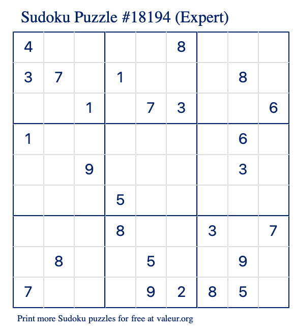 Free Printable Expert Sudoku Puzzle number 18194
