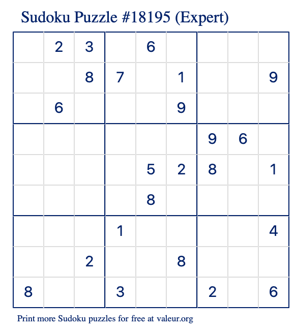 Free Printable Expert Sudoku Puzzle number 18195