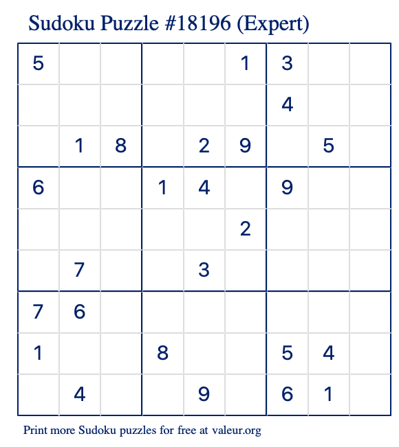 Free Printable Expert Sudoku Puzzle number 18196