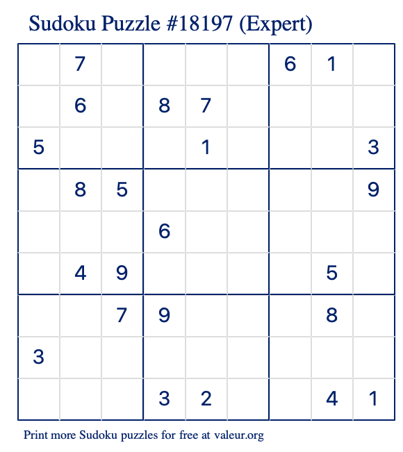 Free Printable Expert Sudoku Puzzle number 18197
