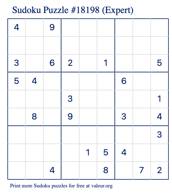 Free Printable Expert Sudoku Puzzle number 18198