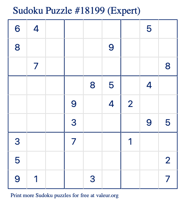 Free Printable Expert Sudoku Puzzle number 18199