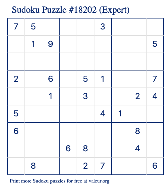 Free Printable Expert Sudoku Puzzle number 18202