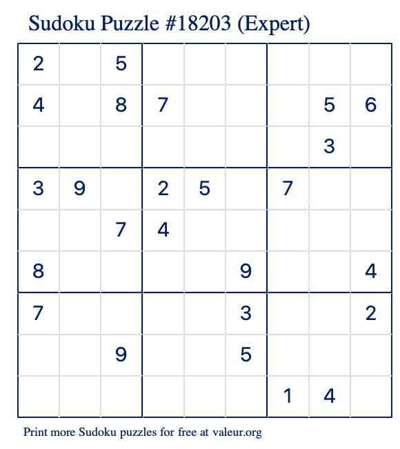 Free Printable Expert Sudoku Puzzle number 18203