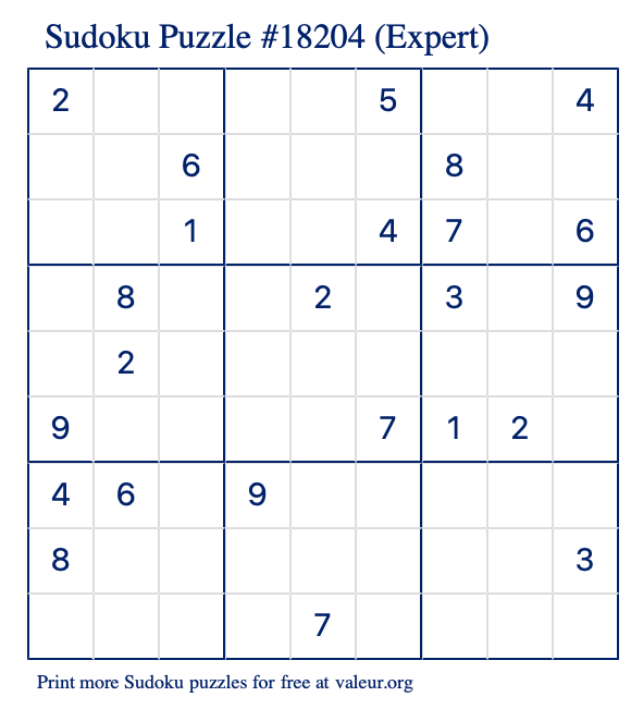 Free Printable Expert Sudoku Puzzle number 18204