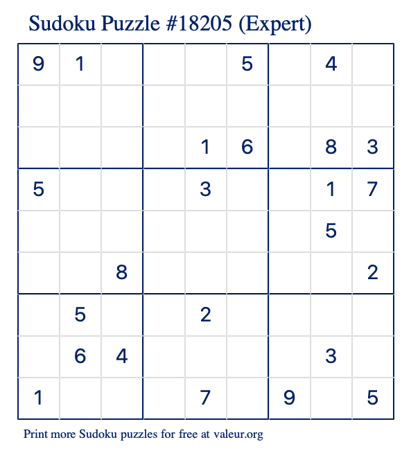 Free Printable Expert Sudoku Puzzle number 18205