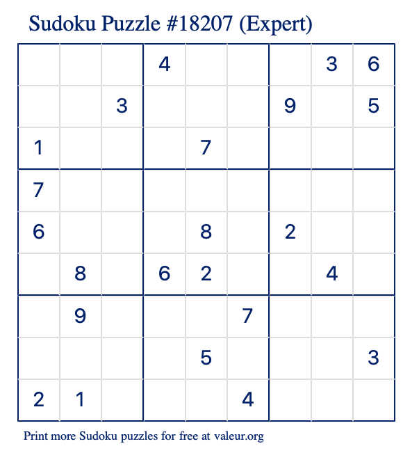 Free Printable Expert Sudoku Puzzle number 18207