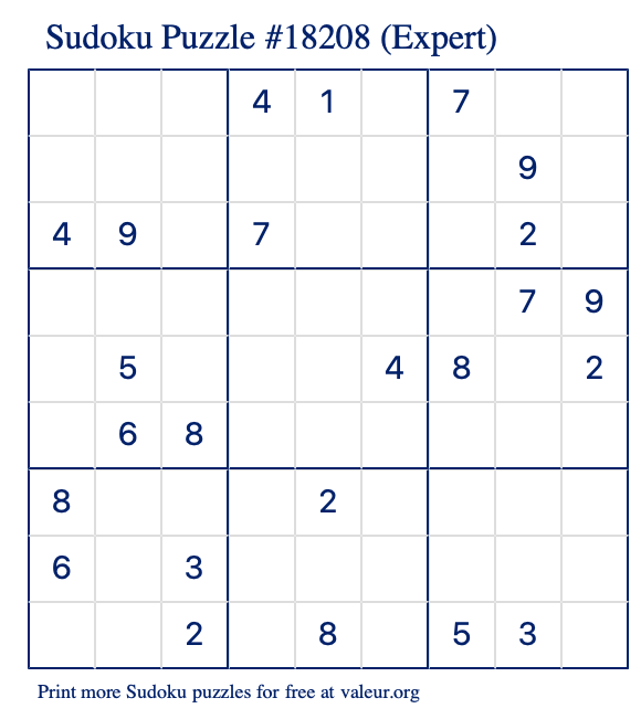 Free Printable Expert Sudoku Puzzle number 18208