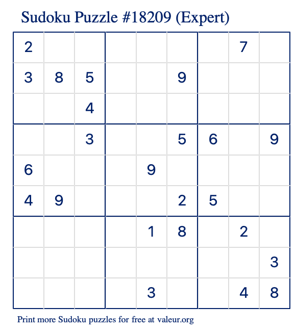 Free Printable Expert Sudoku Puzzle number 18209