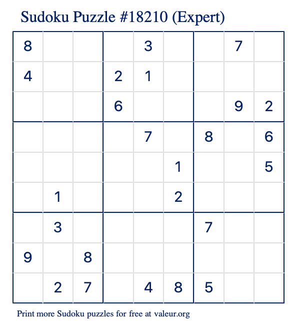 Free Printable Expert Sudoku Puzzle number 18210