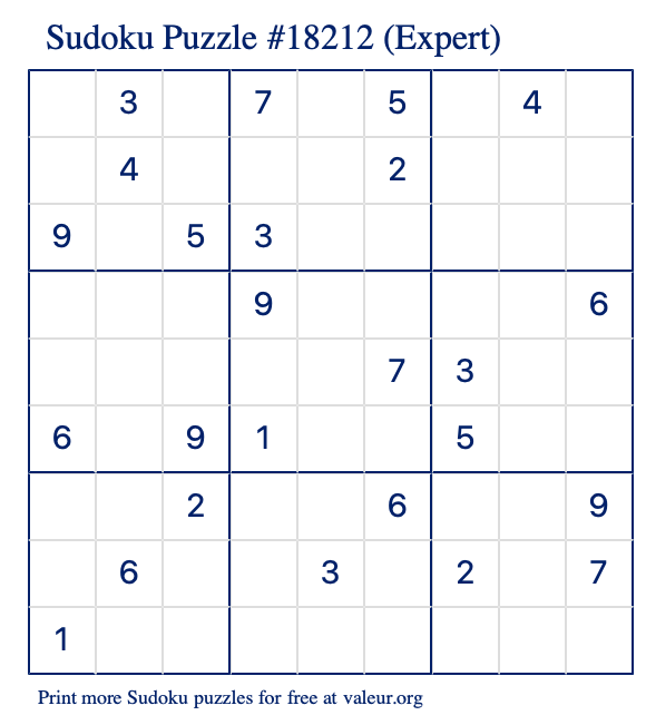 Free Printable Expert Sudoku Puzzle number 18212