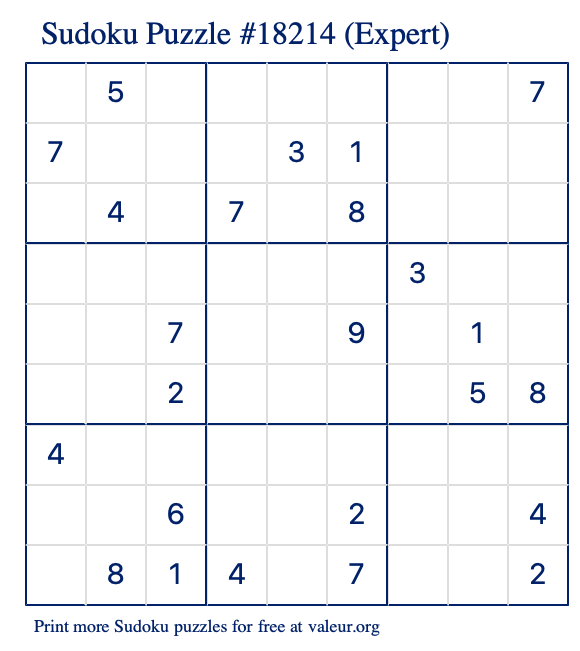 Free Printable Expert Sudoku Puzzle number 18214