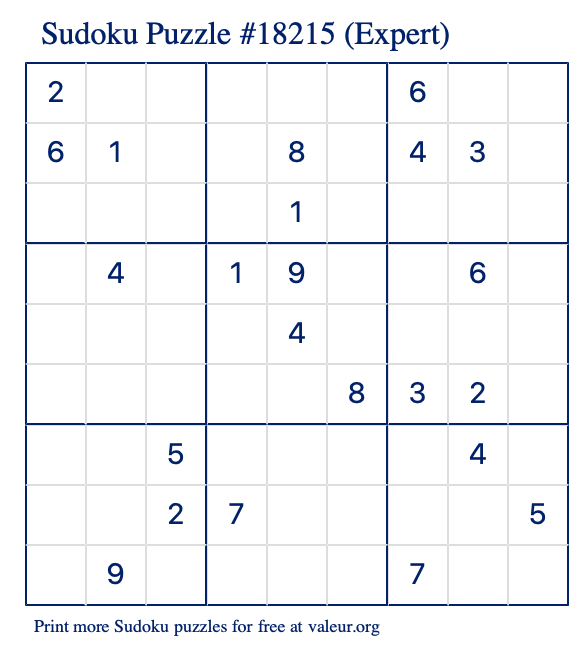 Free Printable Expert Sudoku Puzzle number 18215