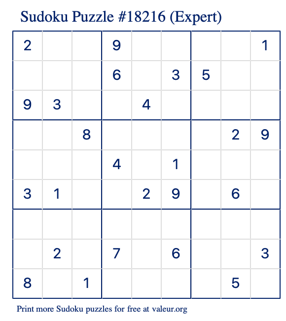 Free Printable Expert Sudoku Puzzle number 18216