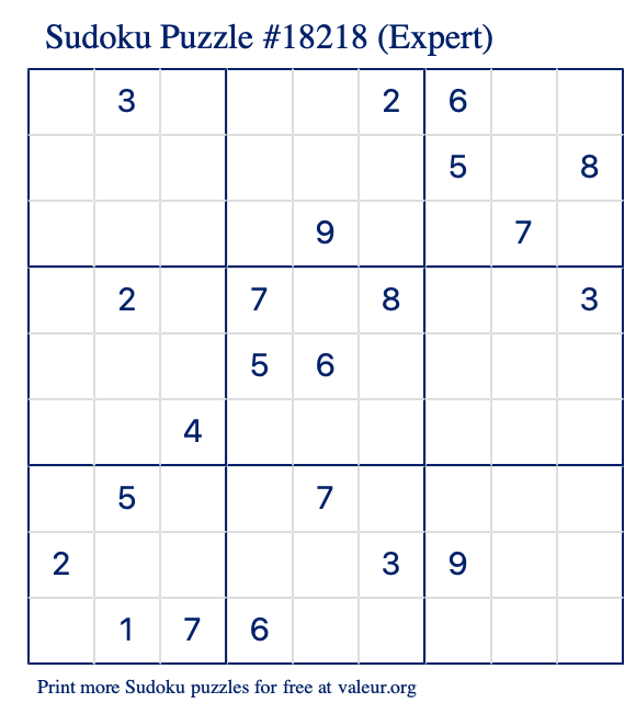Free Printable Expert Sudoku Puzzle number 18218