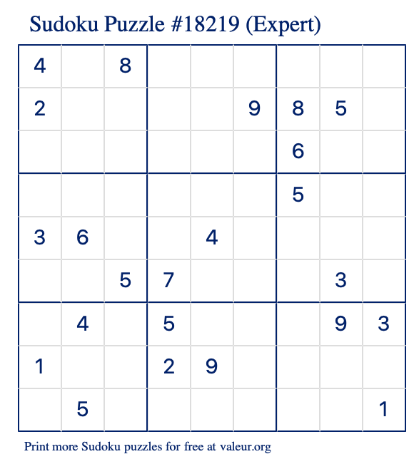 Free Printable Expert Sudoku Puzzle number 18219
