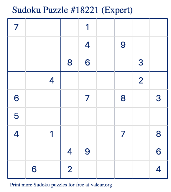 Free Printable Expert Sudoku Puzzle number 18221