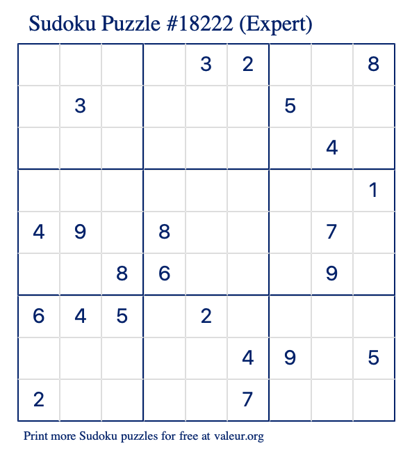 Free Printable Expert Sudoku Puzzle number 18222