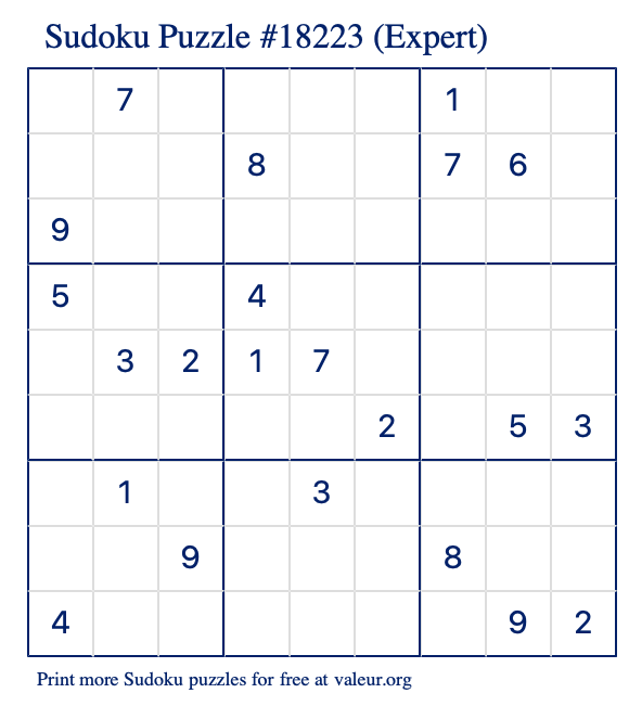 Free Printable Expert Sudoku Puzzle number 18223