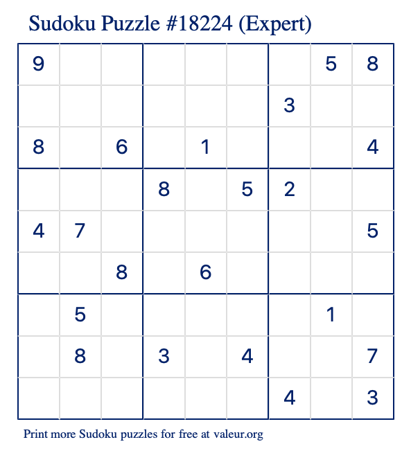 Free Printable Expert Sudoku Puzzle number 18224