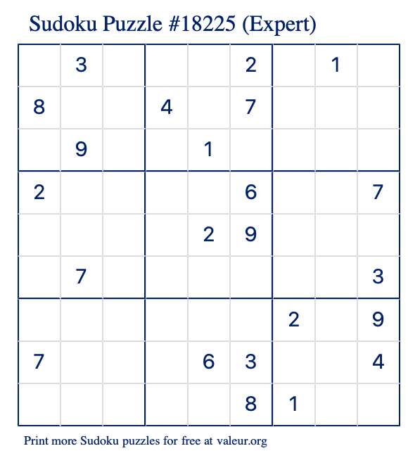 Free Printable Expert Sudoku Puzzle number 18225
