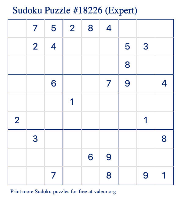 Free Printable Expert Sudoku Puzzle number 18226