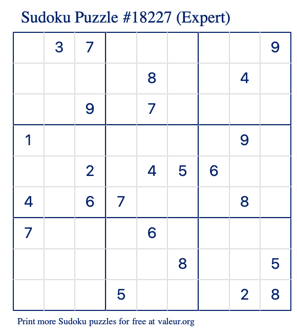 Free Printable Expert Sudoku Puzzle number 18227