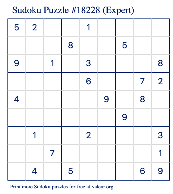 Free Printable Expert Sudoku Puzzle number 18228