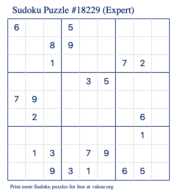 Free Printable Expert Sudoku Puzzle number 18229