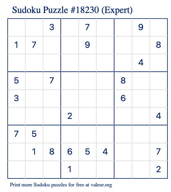 Free Printable Expert Sudoku Puzzle number 18230