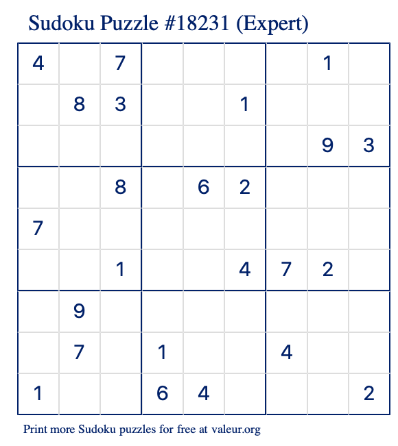 Free Printable Expert Sudoku Puzzle number 18231