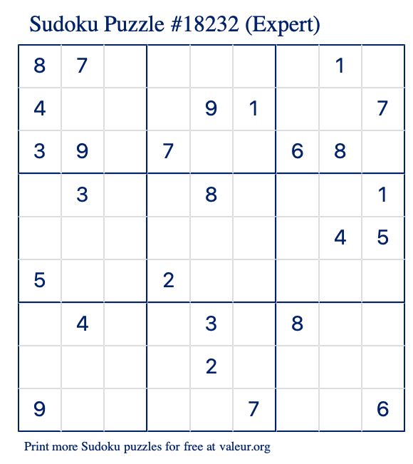 Free Printable Expert Sudoku Puzzle number 18232