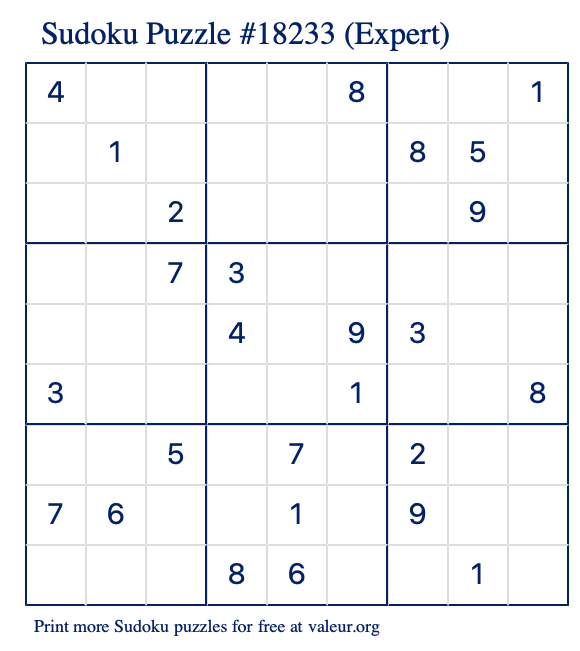 Free Printable Expert Sudoku Puzzle number 18233