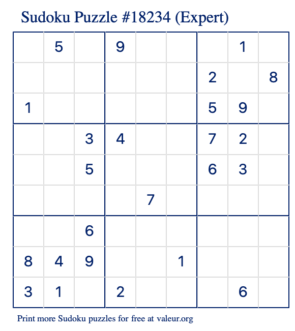 Free Printable Expert Sudoku Puzzle number 18234