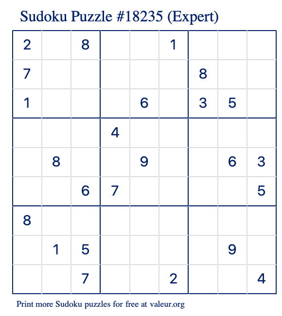 Free Printable Expert Sudoku Puzzle number 18235