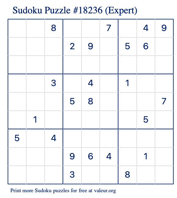 Free Printable Expert Sudoku Puzzle number 18236