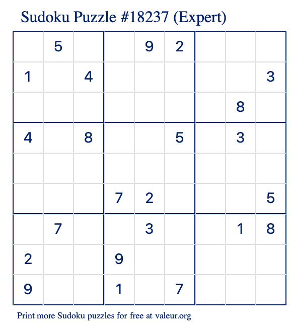 Free Printable Expert Sudoku Puzzle number 18237