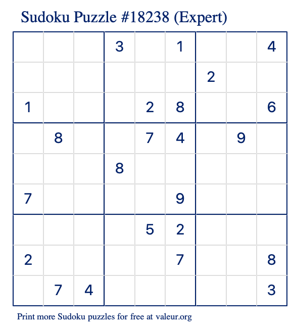 Free Printable Expert Sudoku Puzzle number 18238