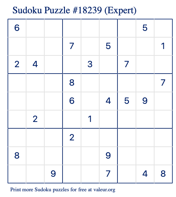 Free Printable Expert Sudoku Puzzle number 18239