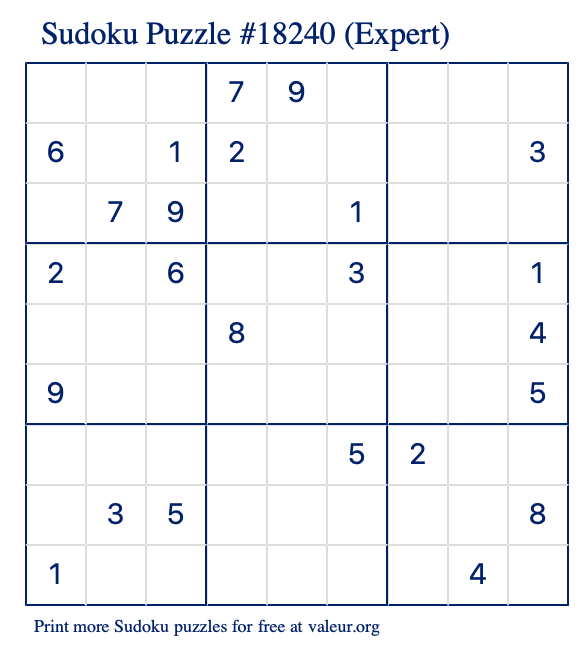 Free Printable Expert Sudoku Puzzle number 18240