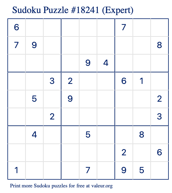 Free Printable Expert Sudoku Puzzle number 18241