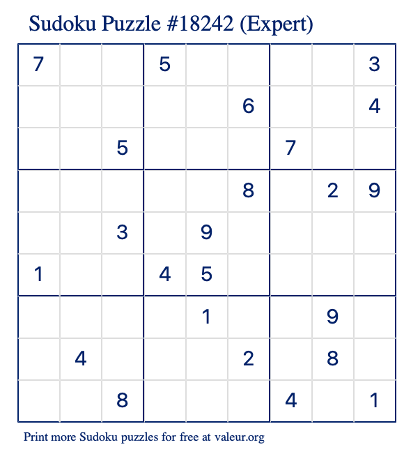 Free Printable Expert Sudoku Puzzle number 18242