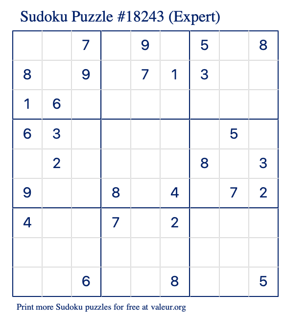 Free Printable Expert Sudoku Puzzle number 18243