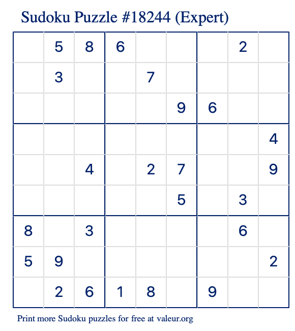 Free Printable Expert Sudoku Puzzle number 18244